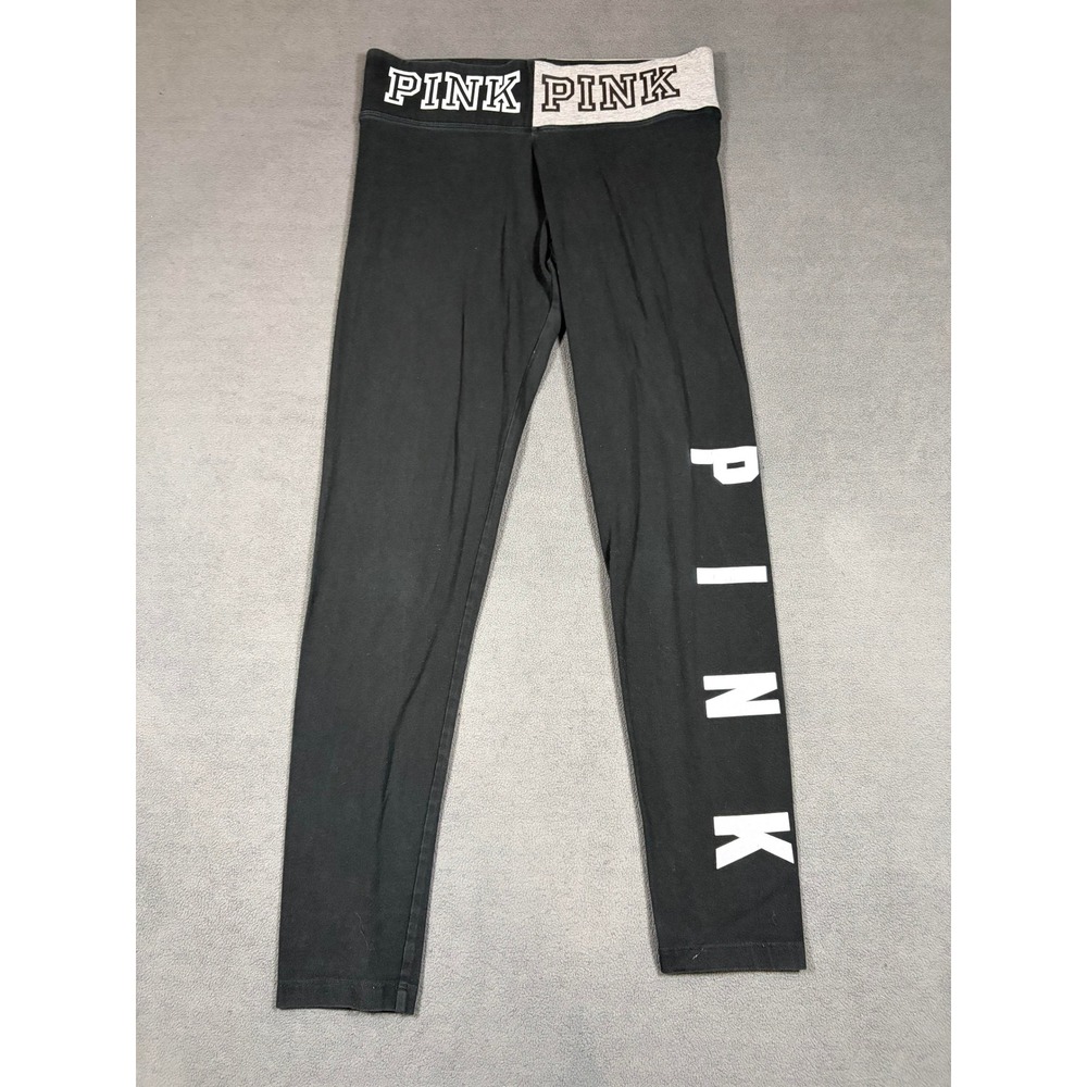 PINK Victoria's Secret Yoga Leggings Womens Medium Black Foldover Logo Graphic